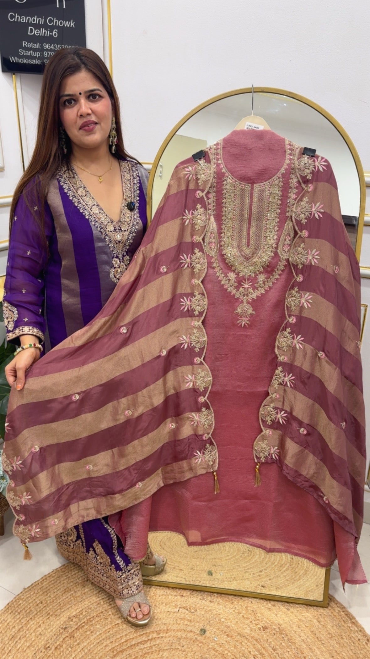Partywear special designer crushed silk material along with designer scalped dupatta suit material with metallic colour chart GF760