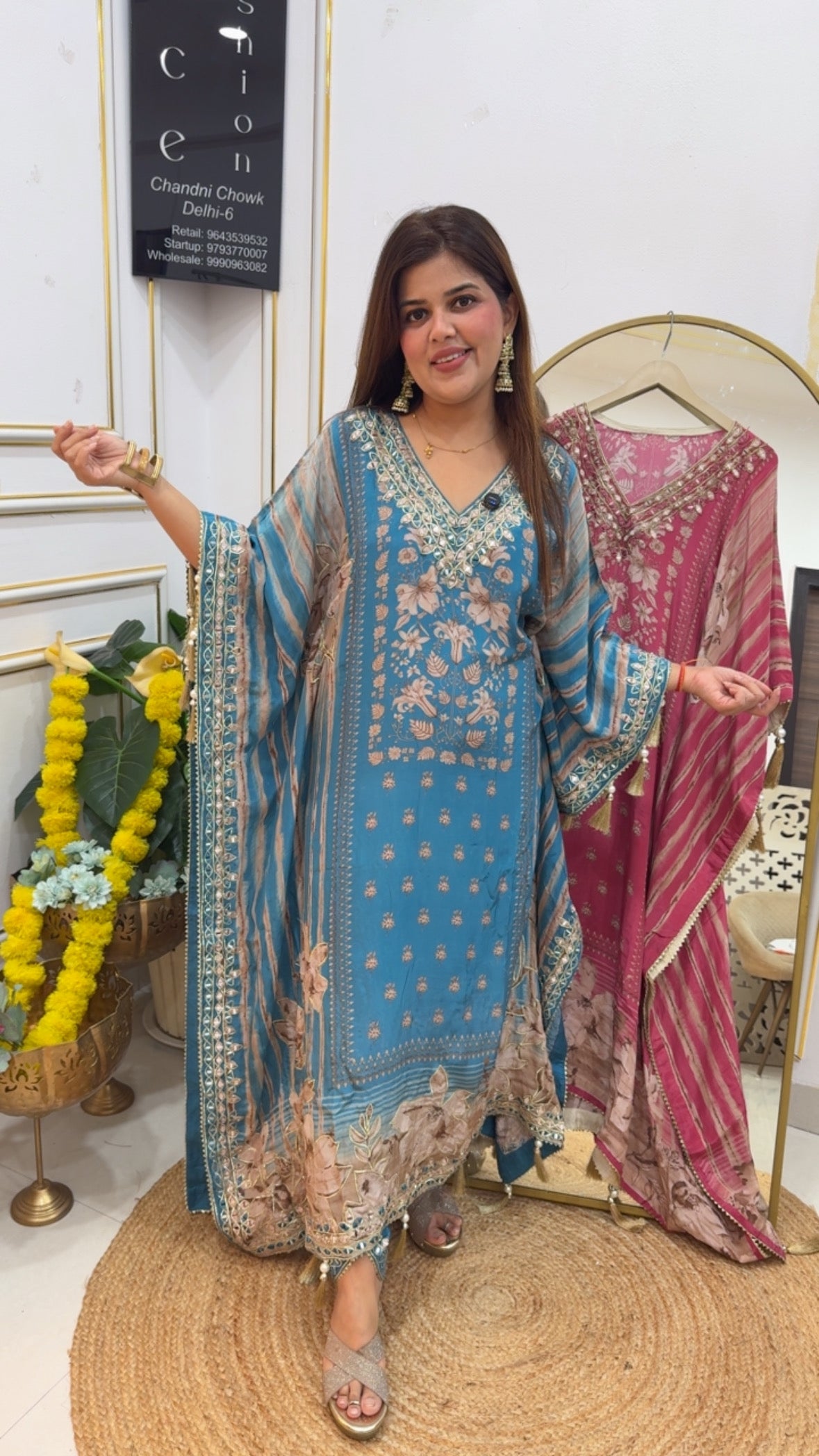 Premium pure crepe digital printed handwork ready to wear kaftan dresses (upto size 46) GF700