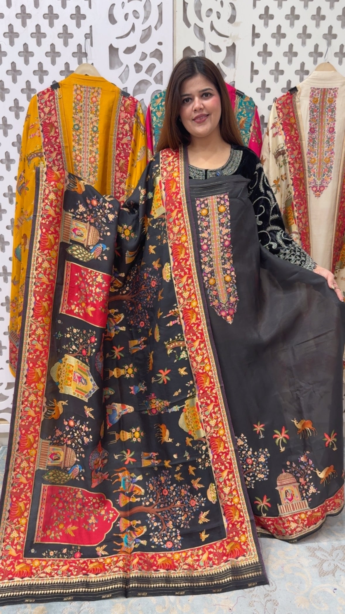 Premium and Royal ultra luxury full weaved raw Russian silk  Pichwai art designer wedding style suit material along with full length weaved dupatta GF847