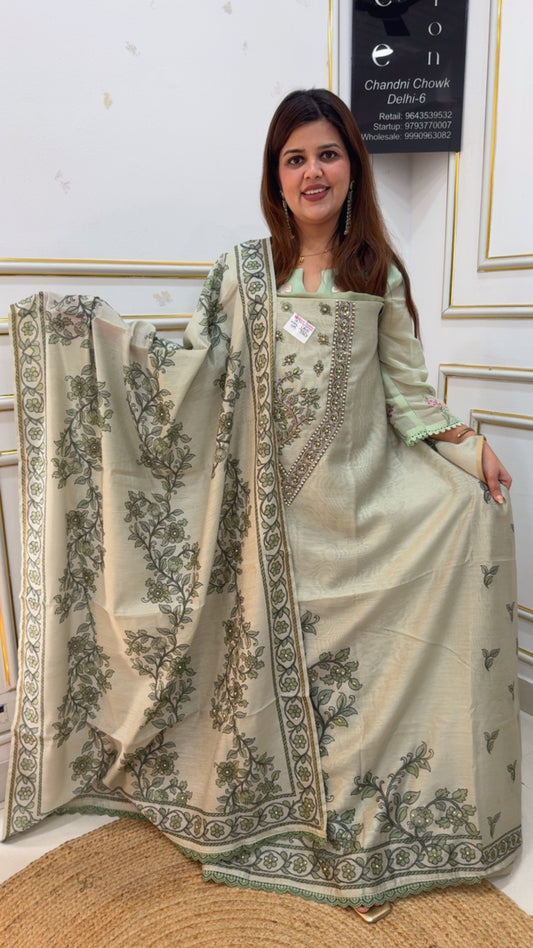 Latest and unique tusser silk neck bead work designer printed suit material along with beautiful printed dupatta GF1081 SOFT GREEN
