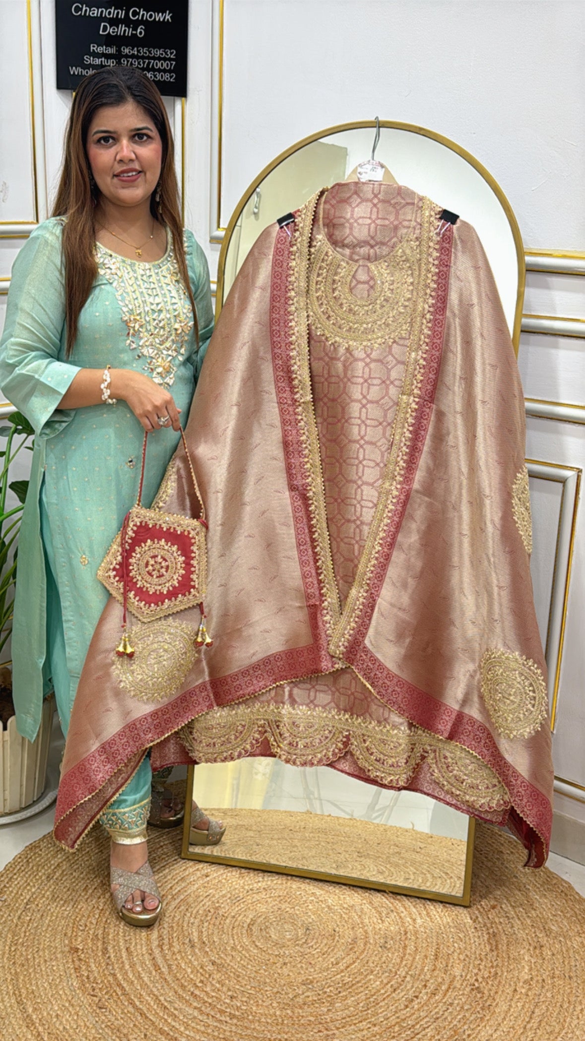 Karwa Chauth special unique pure kanjivaram metallic colour chat suit material along with designer potli, with front back and bottom work GF575