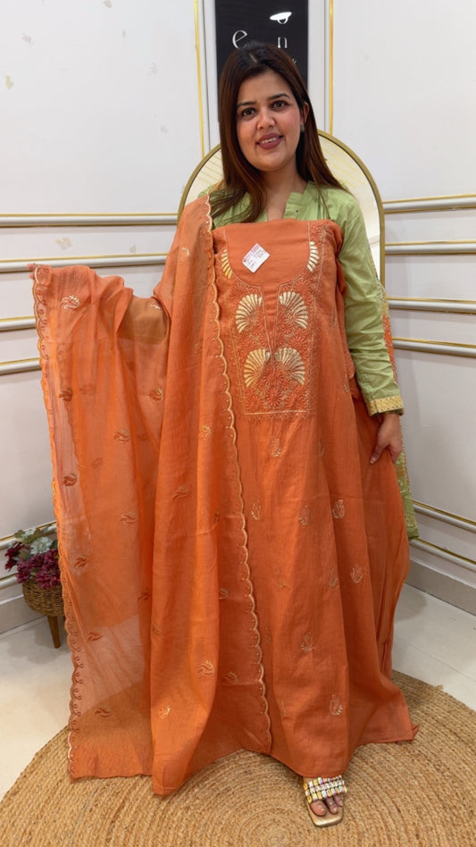 Latest launch Mul Mul peeta neck work summer special beautiful suit material with classy scalp dupatta GF1036 Orange