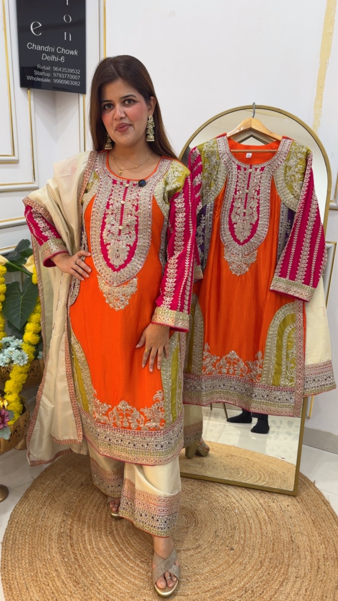 Ready to wear premium pure Chinnon multicoloured full embroidered dress with Elegant work flappers  GF702