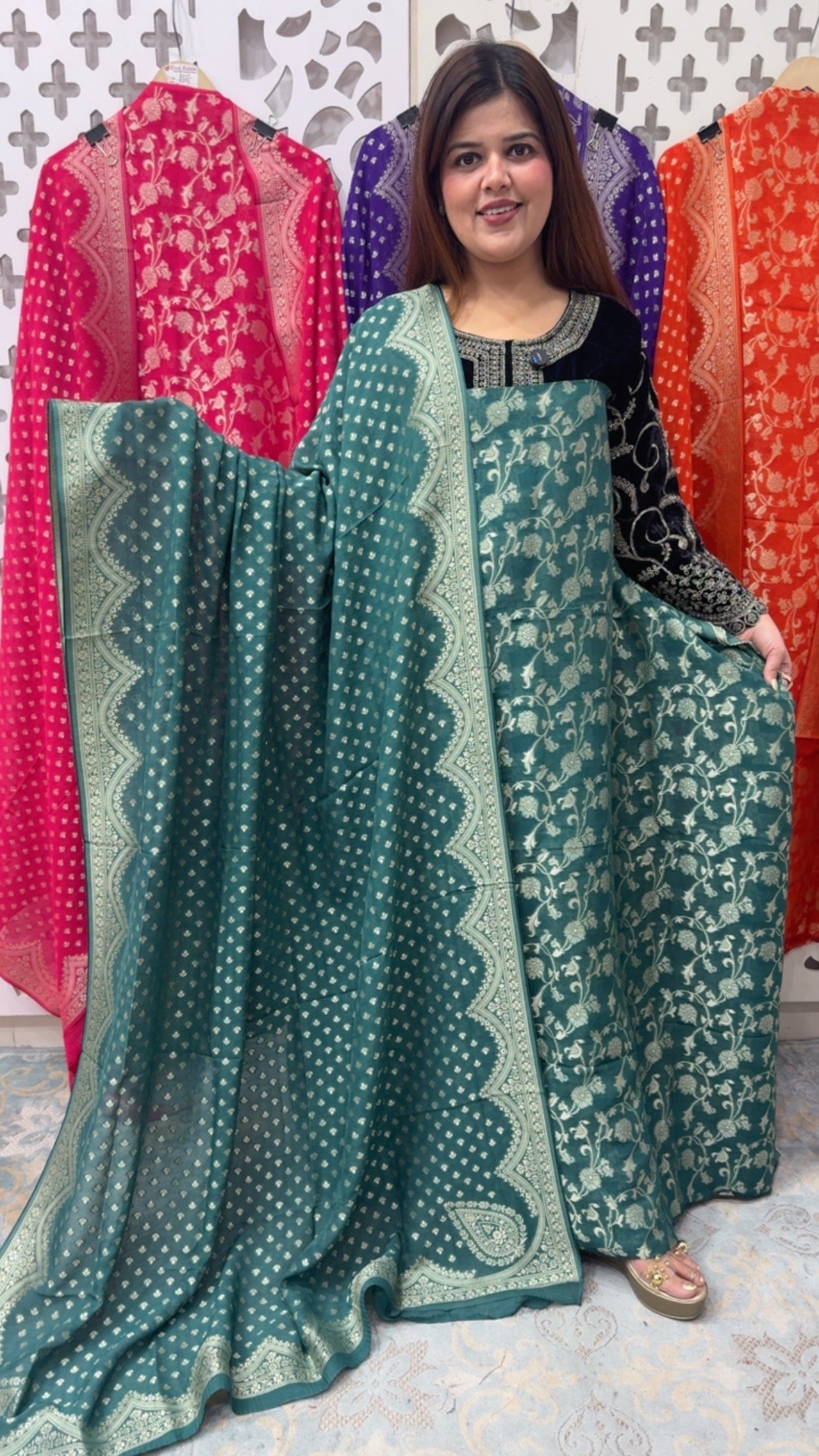 “KHADDI SILK MAGIC “Pure and original royal lute luxurious Khaddi silk suit material with full premium Khaddi silk celebrity style full length dupatta and silk bottom GF848