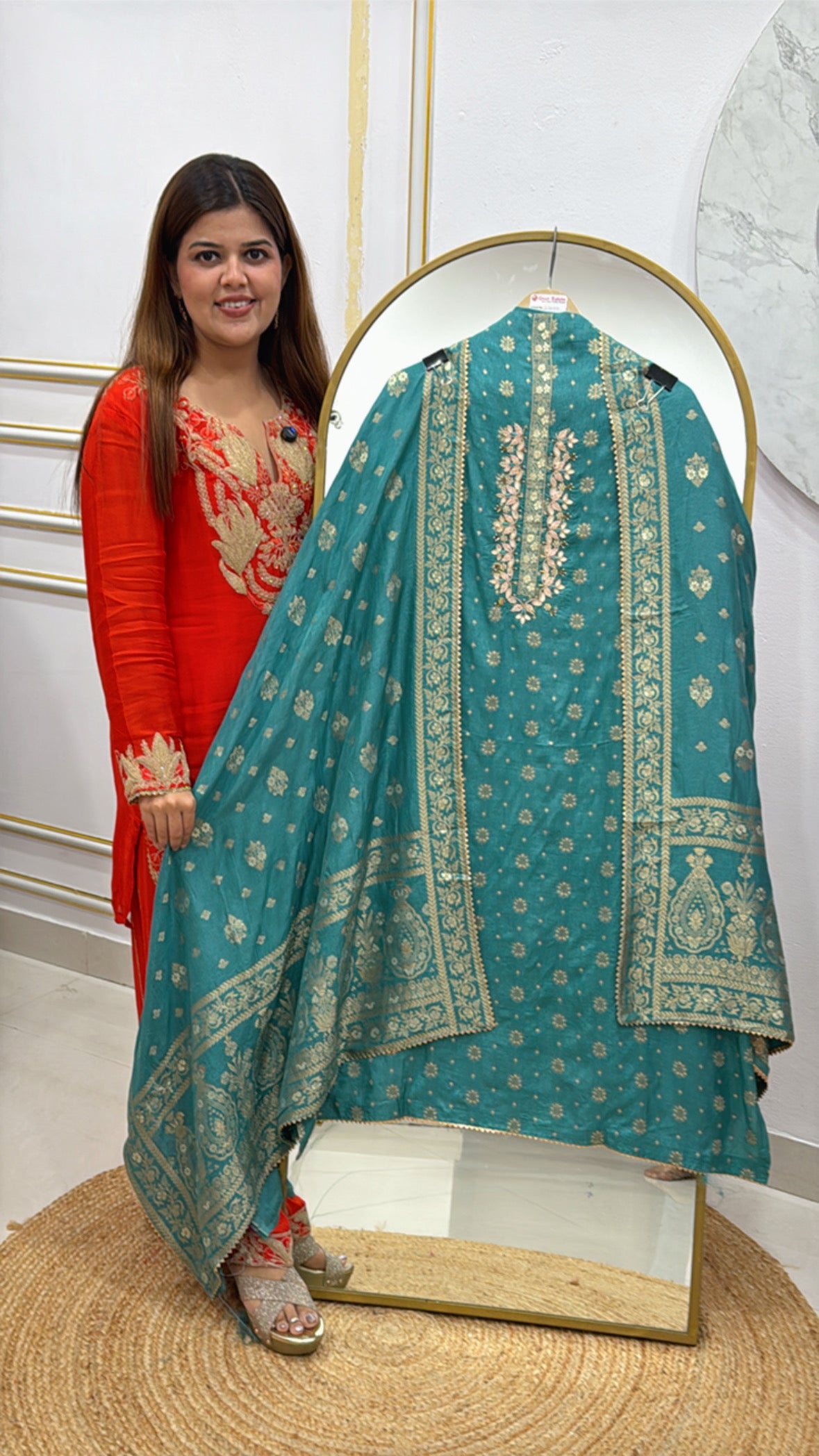 Super stylish pure silk suit material with designer handwork along with weaved banarasi dupatta GF492