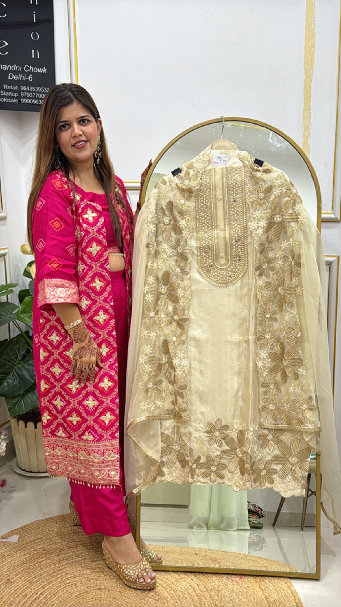 Viral Seller – Pure Silk Golden Ivory Suit with Designer Handwork Neck &amp; Scalloped Dupatta GF 414