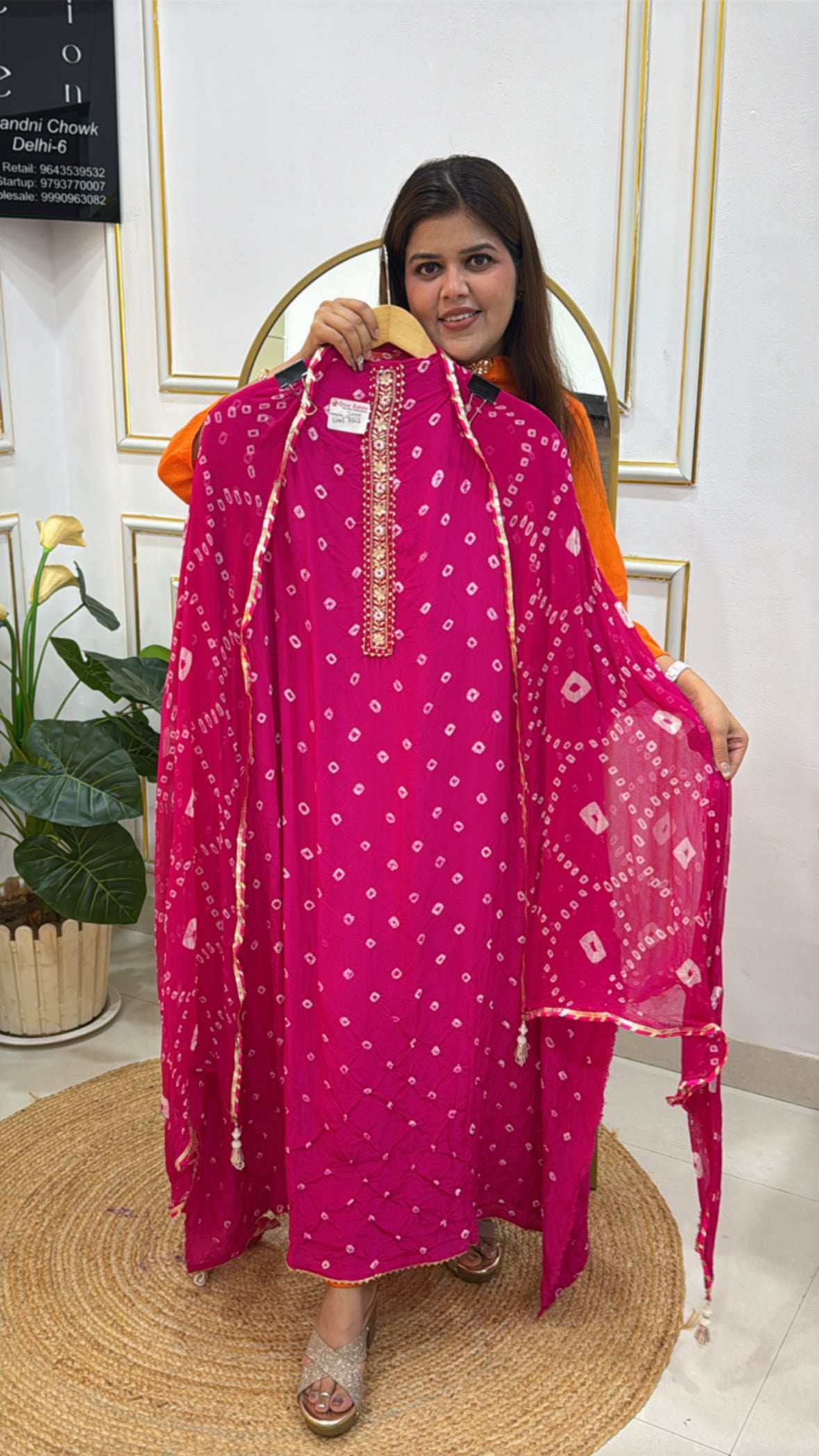 Pure Crepe Bandhani Suit Material with Jaipur Handwork Neck &amp; Designer Dupatta GF 345