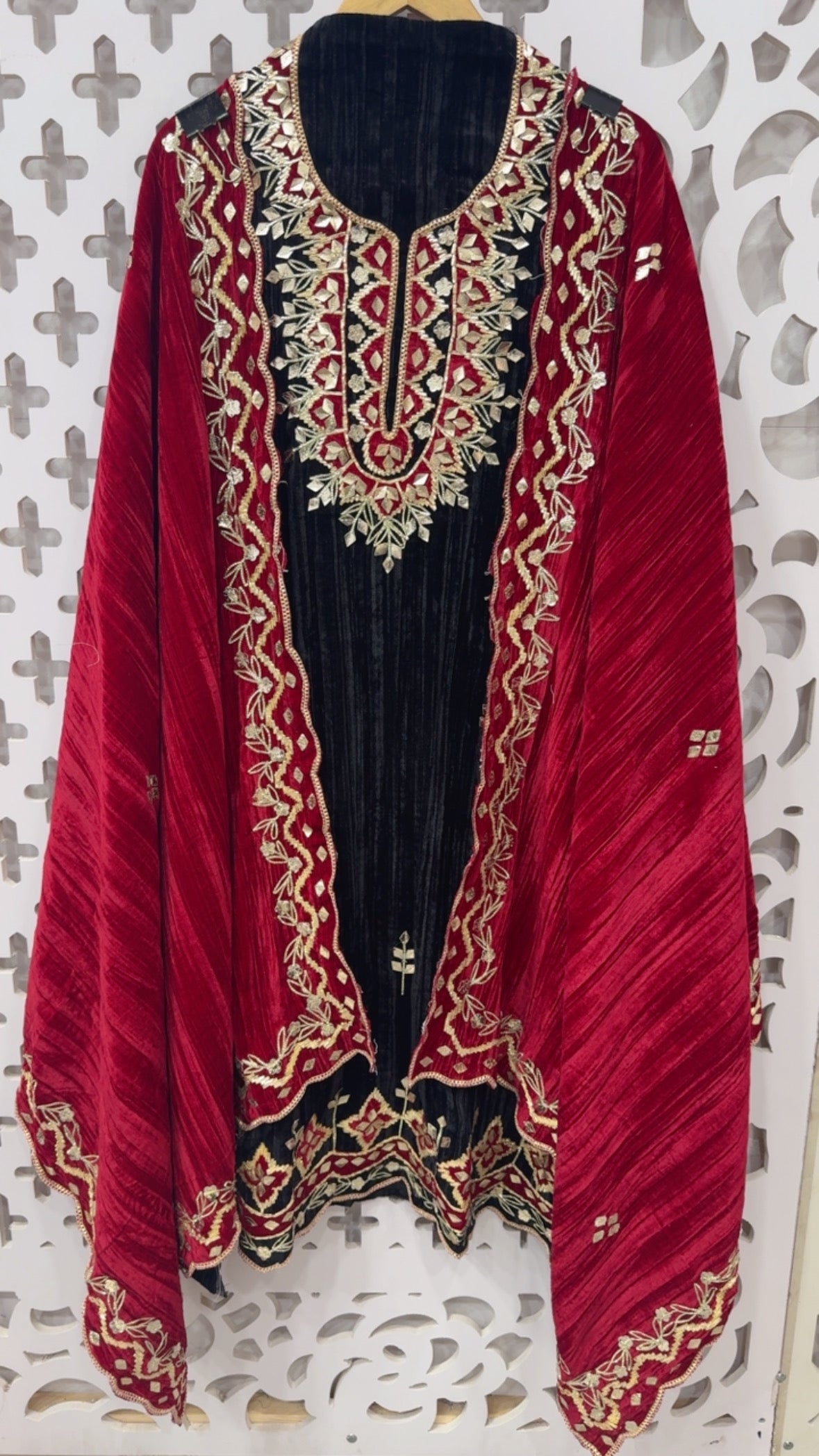 partywear special crushed velvet full mirror and gota work contrasting designer suit material long with crushed dupatta and bottom GF844