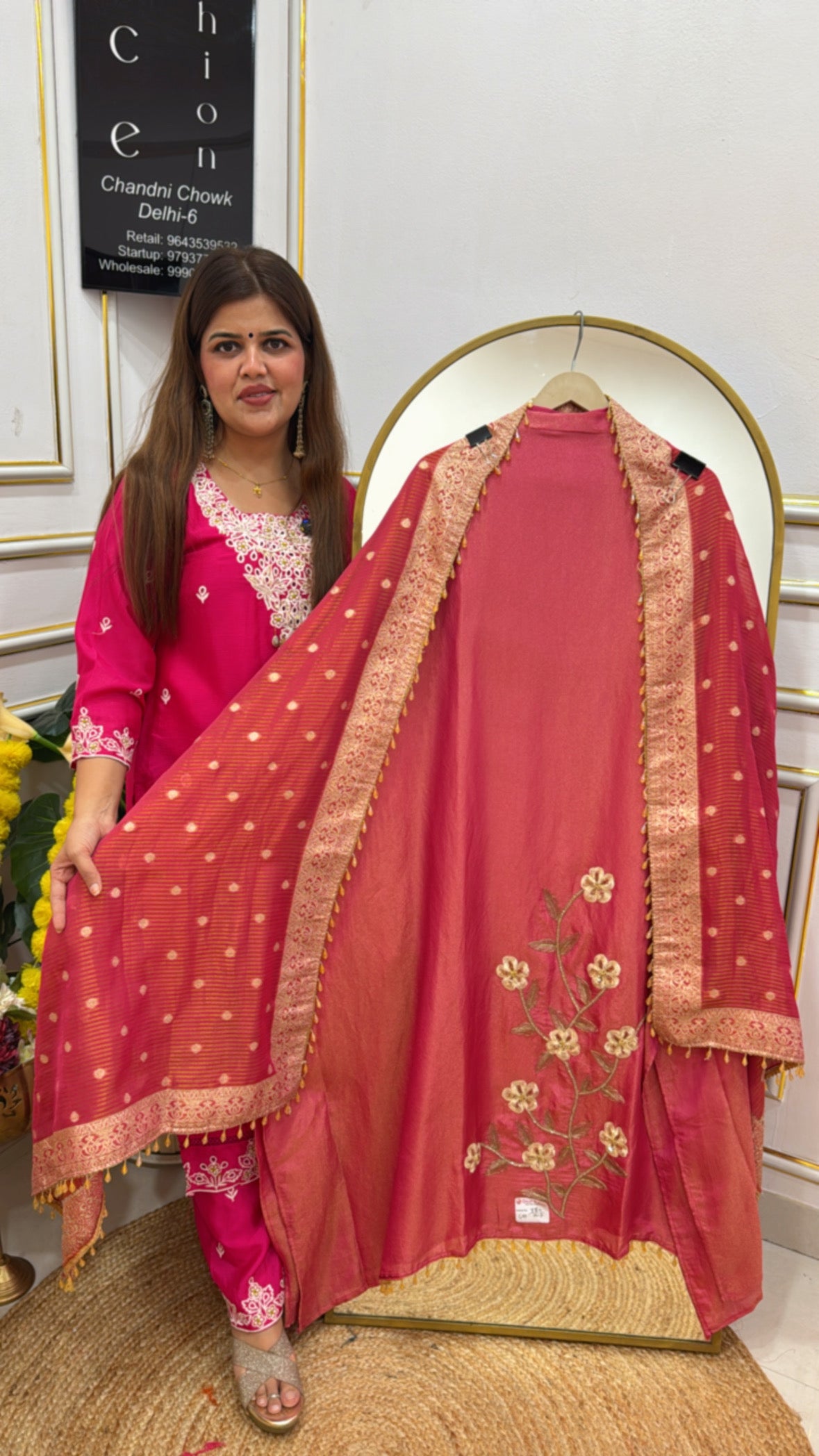 Premium and elegant partywear pure shimmer silk handwork detailing suit material with designer fill length dupatta GF664