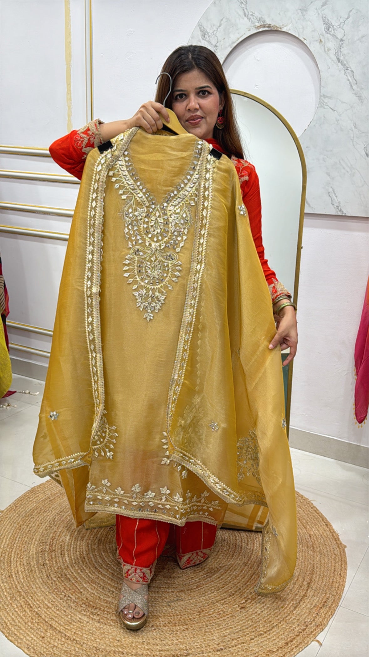 Most trending pure shimmer tissue suit material with latest gota work all over shirt and dupatta  GF497