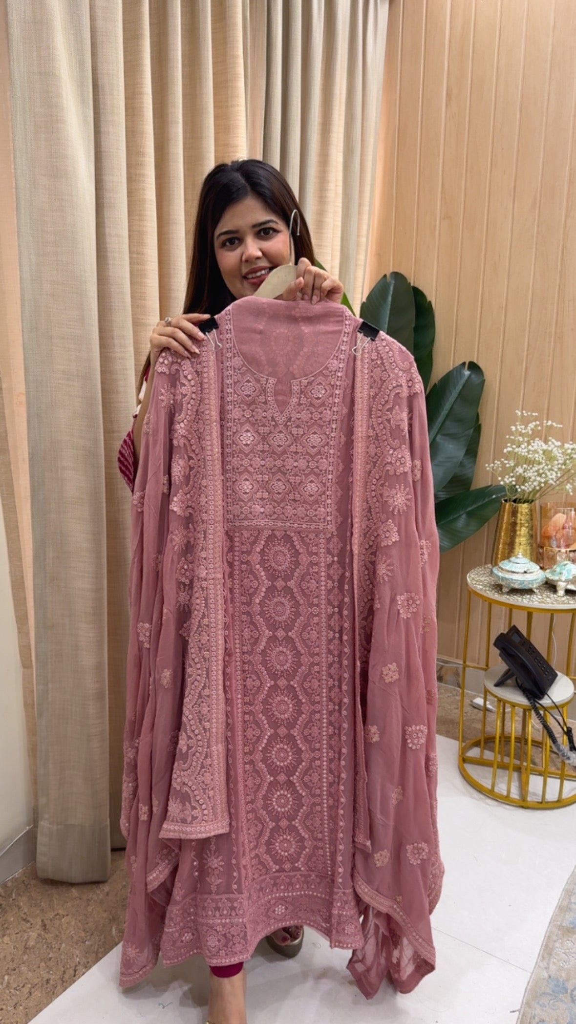 Traditional and royal pure Georgette Lucknowi super premium chikankari suit material along with full chikankari dupatta GF1157 Dusty Rose Pink