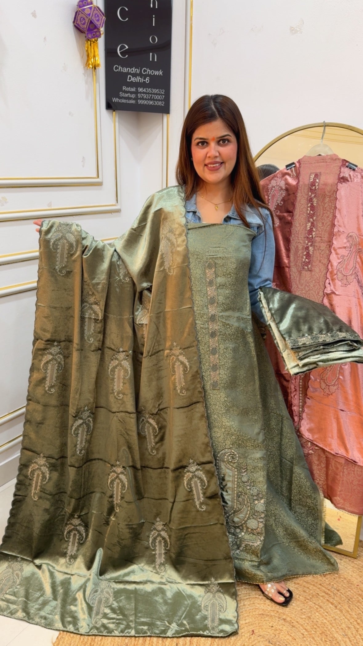 Premium and luxurious Brasso celebrity look suit material with all over applique work along with luxurious velvet dupatta and premium velvet bottom GF795