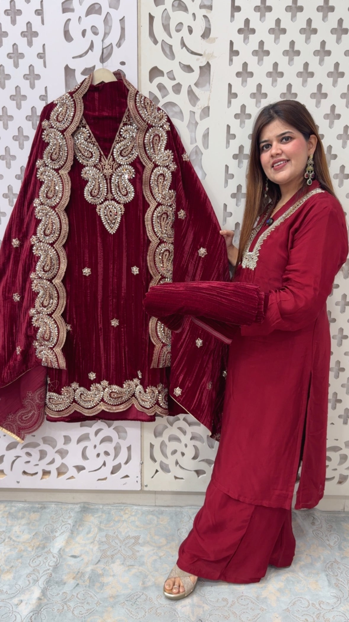 Luxury pure mirror handwork crushed velvet partywear suit material with full mirror handwork velvet dupatta along with crushed velvet bottom GF807