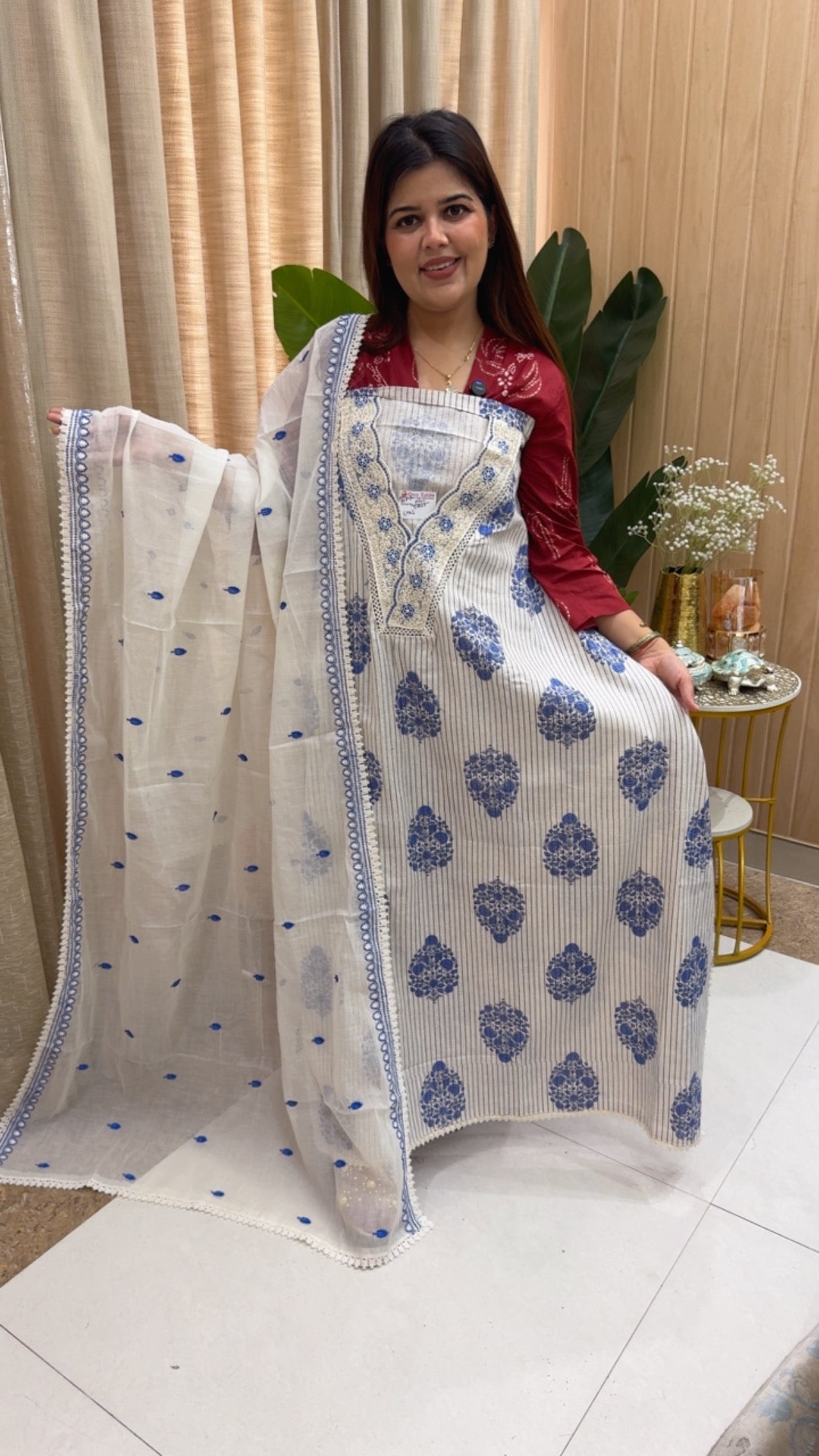 Summer special pure Khadi linen cotton premium material with pure organic batik printed suit material along with cotton beautiful printed dupatta GF1160 White
