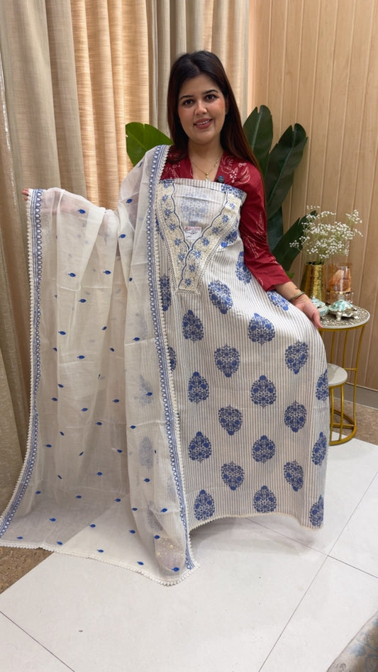 Summer special pure Khadi linen cotton premium material with pure organic batik printed suit material along with cotton beautiful printed dupatta GF1160 White