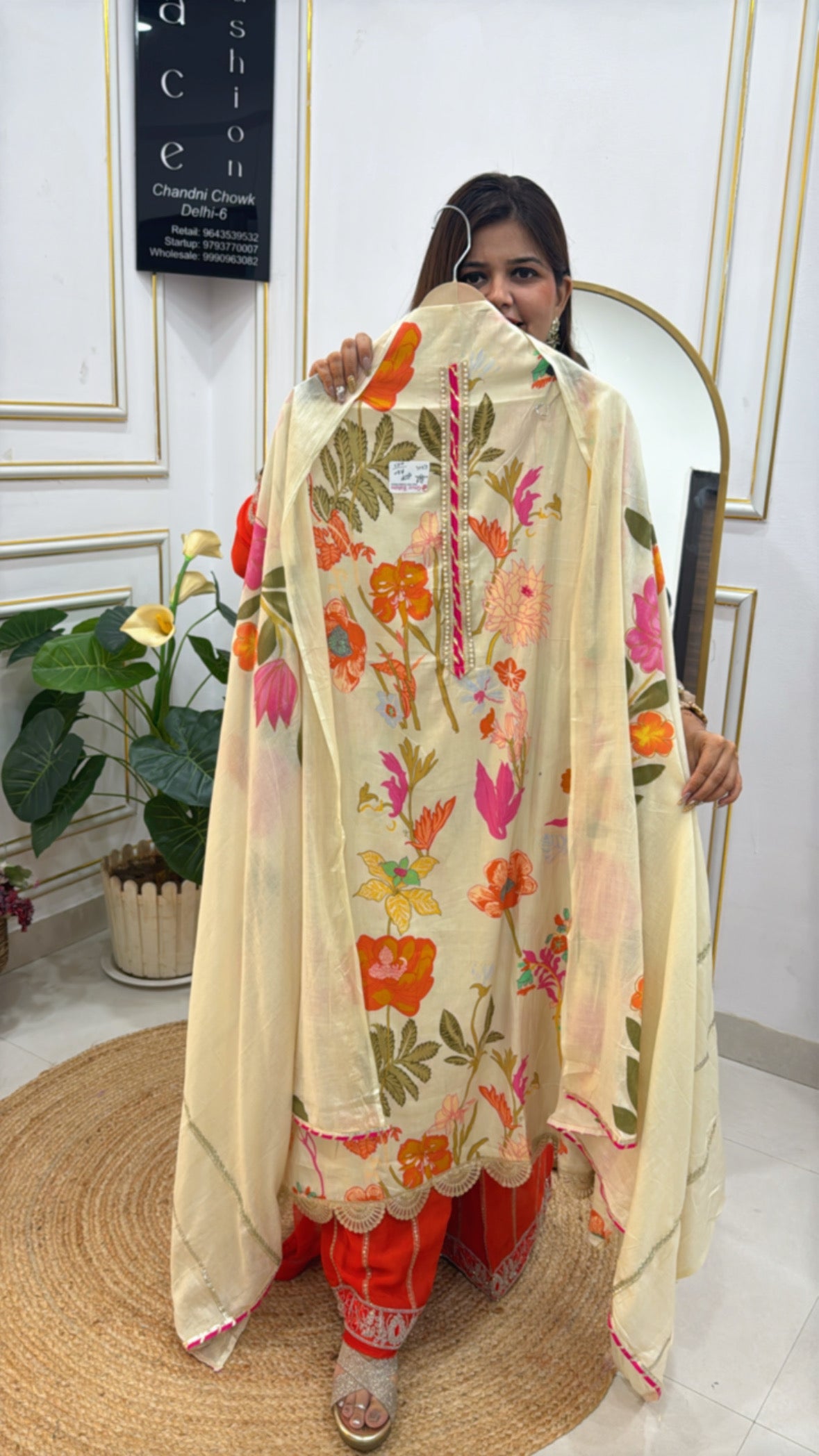 Pure Mulmul Unstitched Suit with All-Over Print &amp; Pearl Neck Detailing GF 276