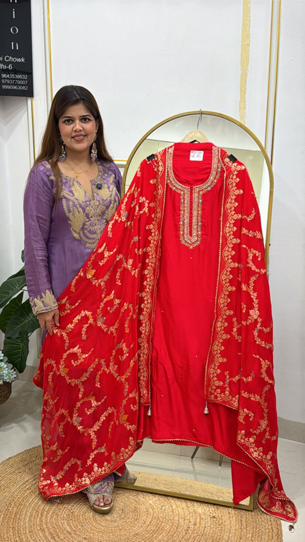 Pure raw silk suit material with elegant handwork neck detailing along with organza silk fully weaved dupatta GF 548