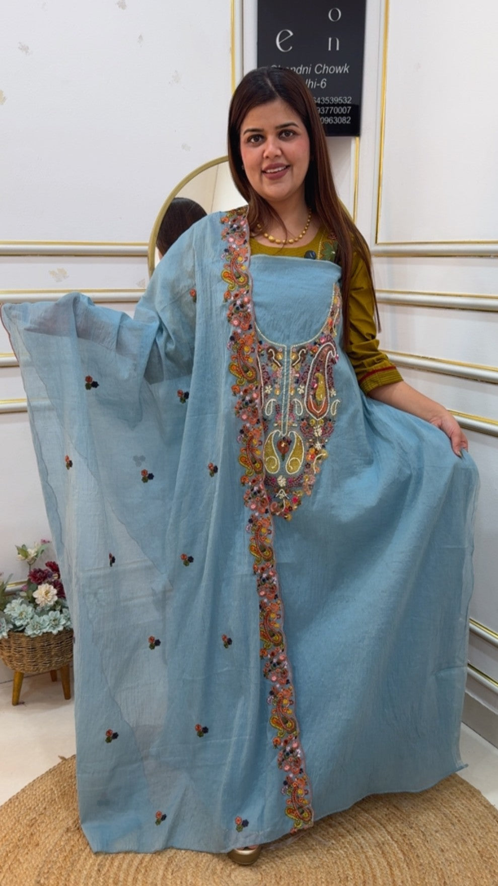 Pure Mul Mul beautiful handwork pearl bead work detailing classy neck work embroidery suit material with Mul Mul dupatta GF1051 BLUE