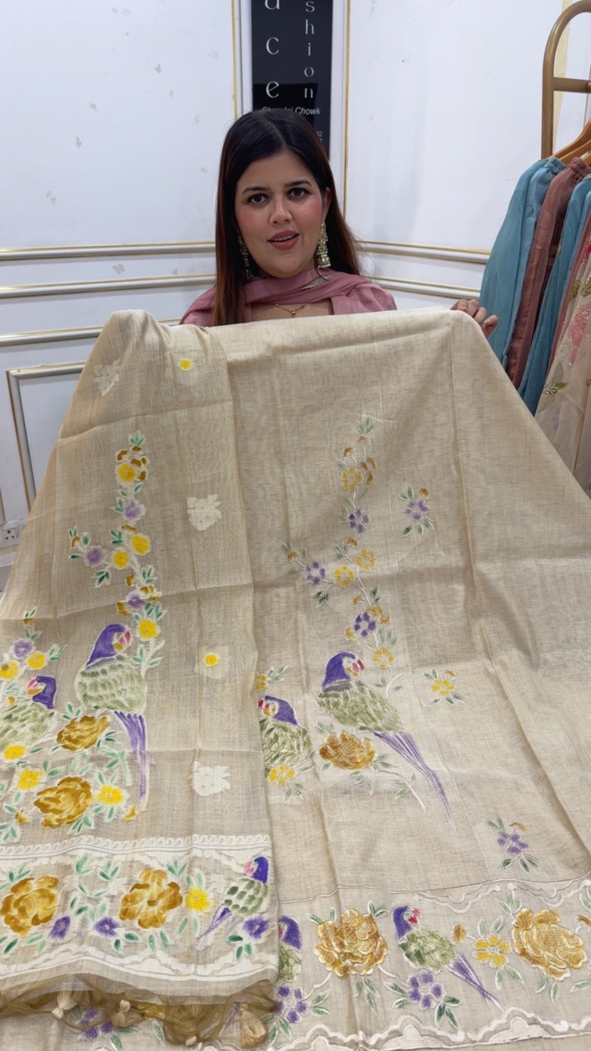 Latest and trending Moonga silk jamdhani latest embossed embroidery creation with unique weaved dupatta GF1201 Beige with Purple