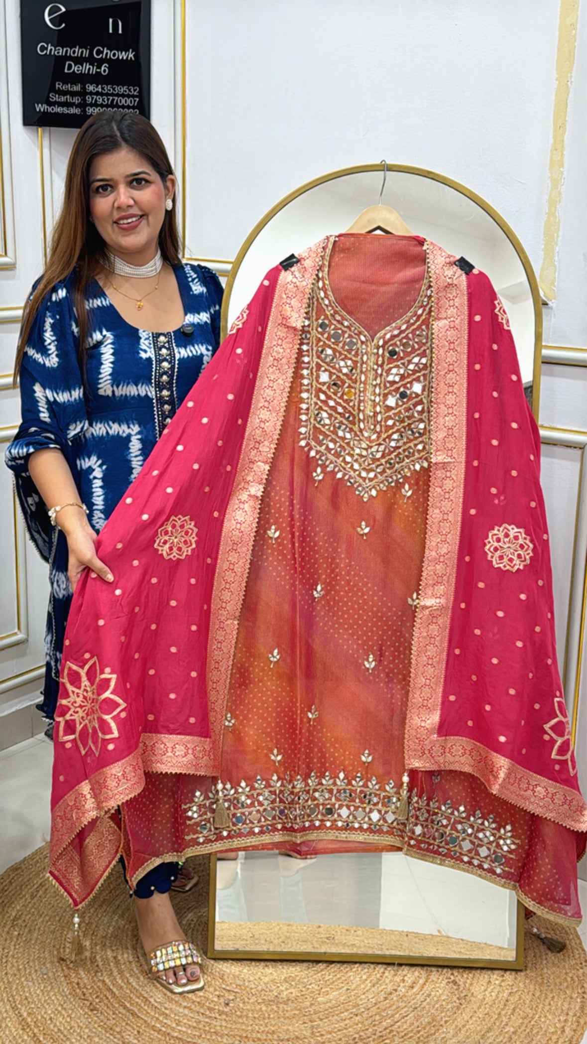 Partywear special pure mirror detailing shimmer silk suit material along with designer shimmer silk dupatta GF570