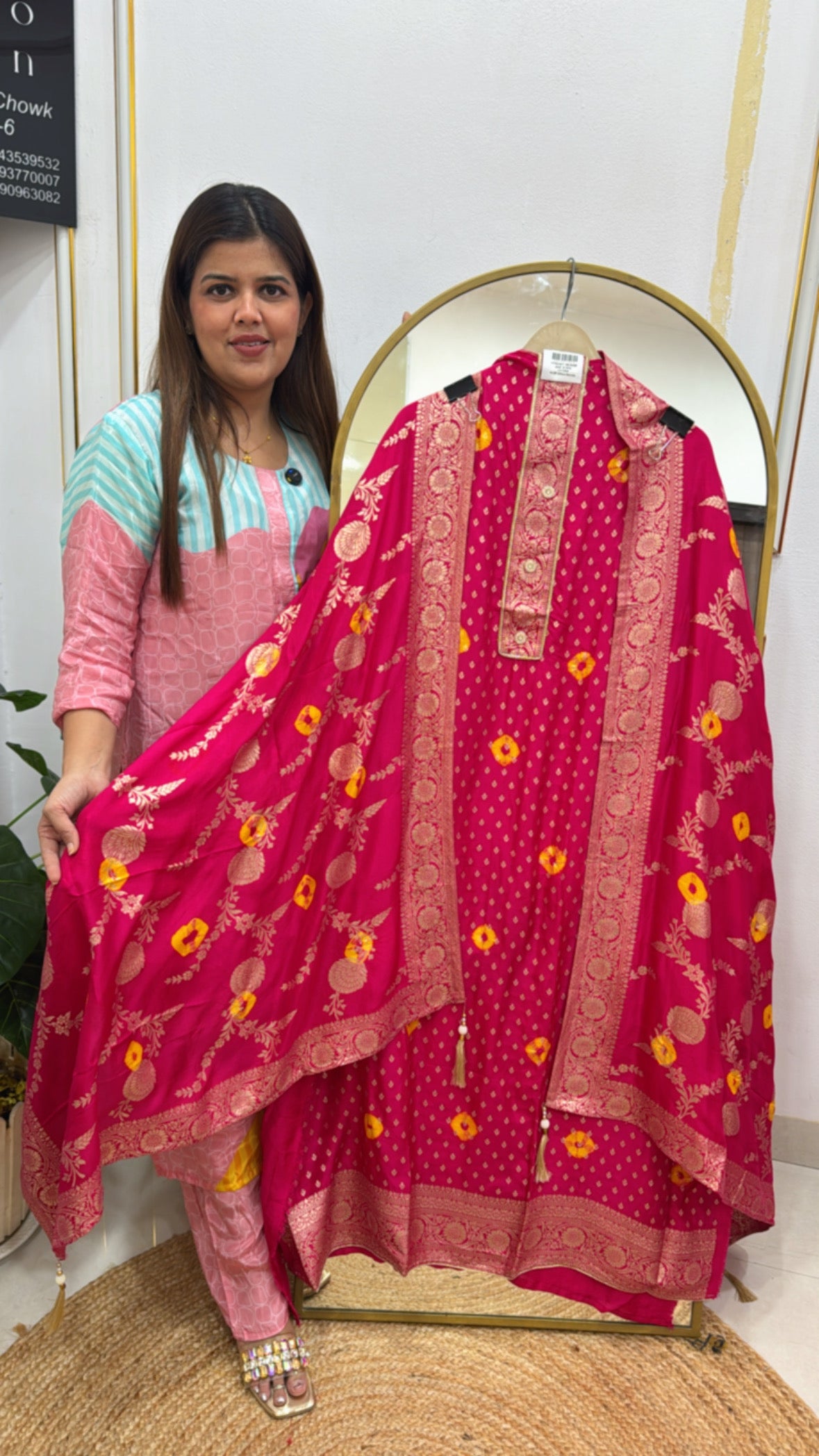 Festival special pure raw silk bandhani style fully weaved suit material along with full bandhani style weaved dupatta GF 605