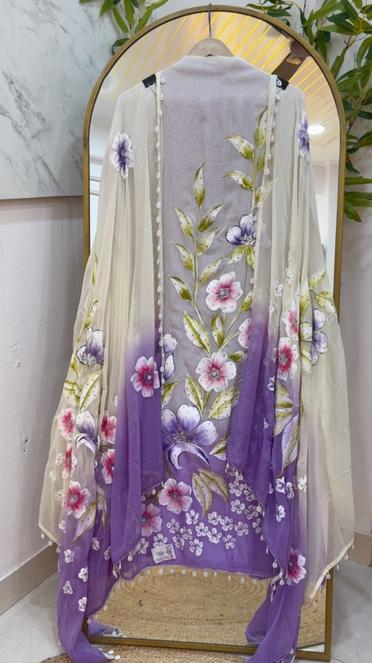 Brush painted premium quality Organzza silk suit material along GF1003 Purple