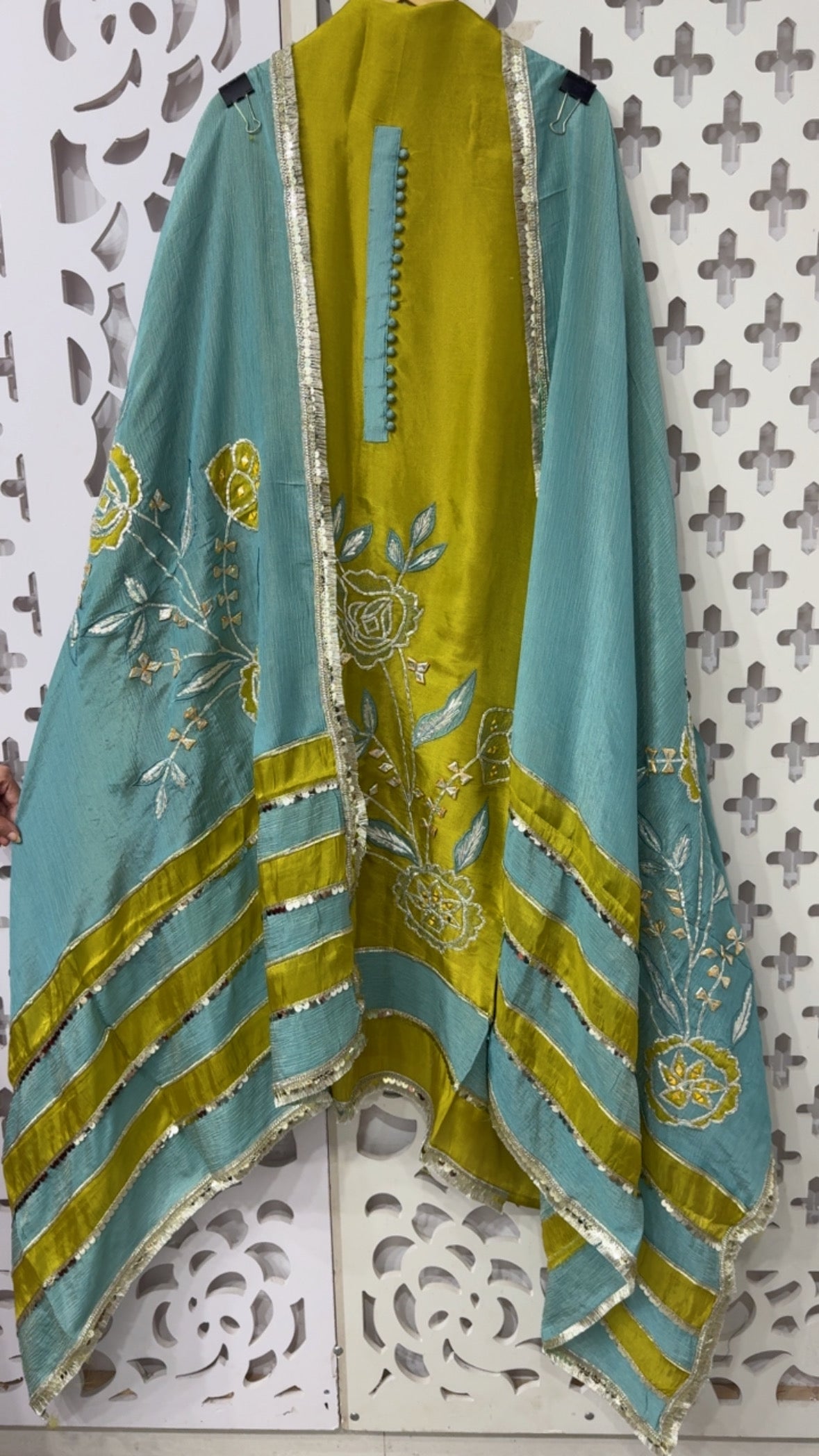 Jackpot series premium wedding collection shimmer silk Gota and handwork partywear suit material with designer heavy dupatta GF813