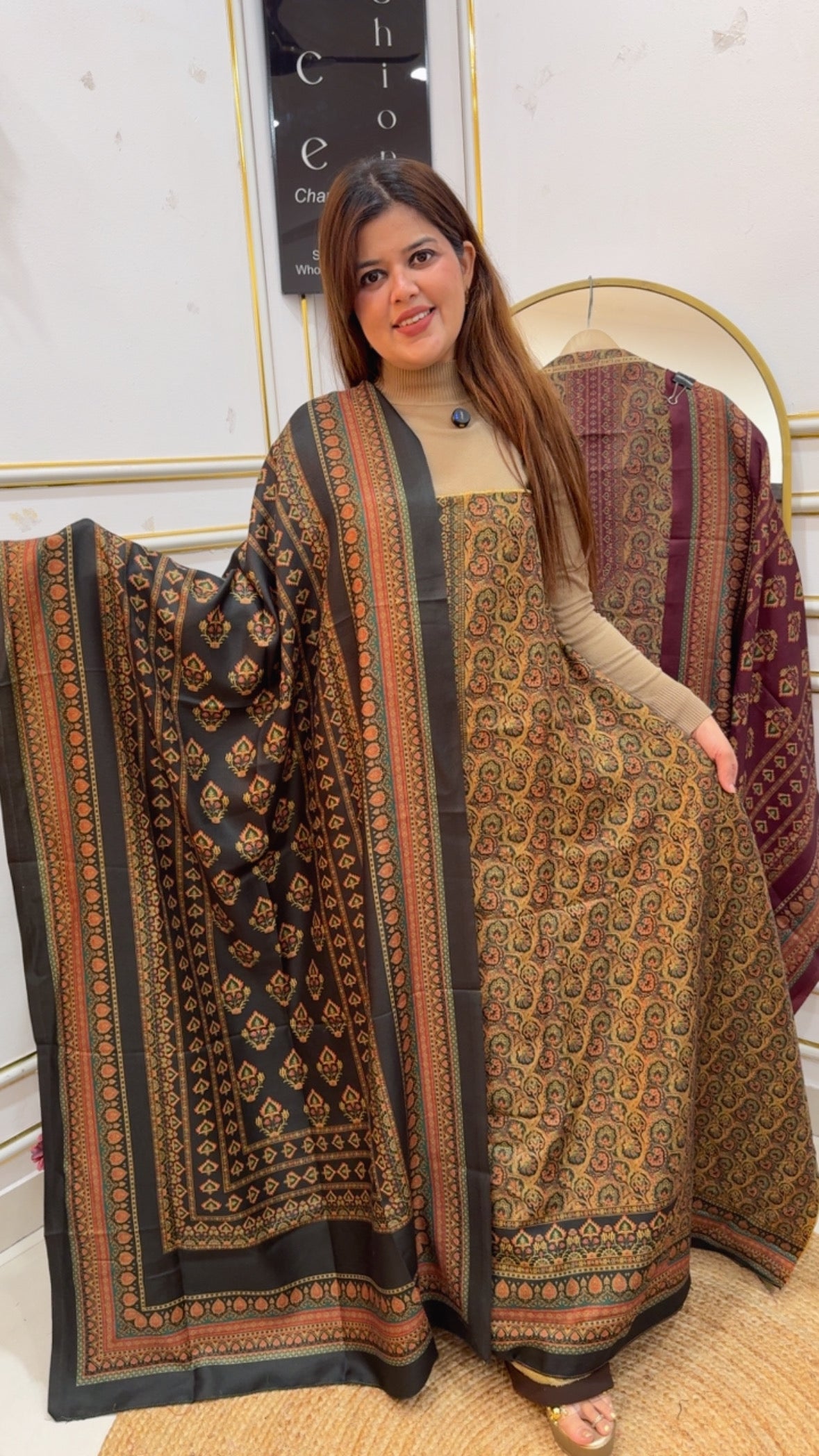 Beautiful pure warm Kani printed pashmina suit material with pashmina shawls and bottom GF872