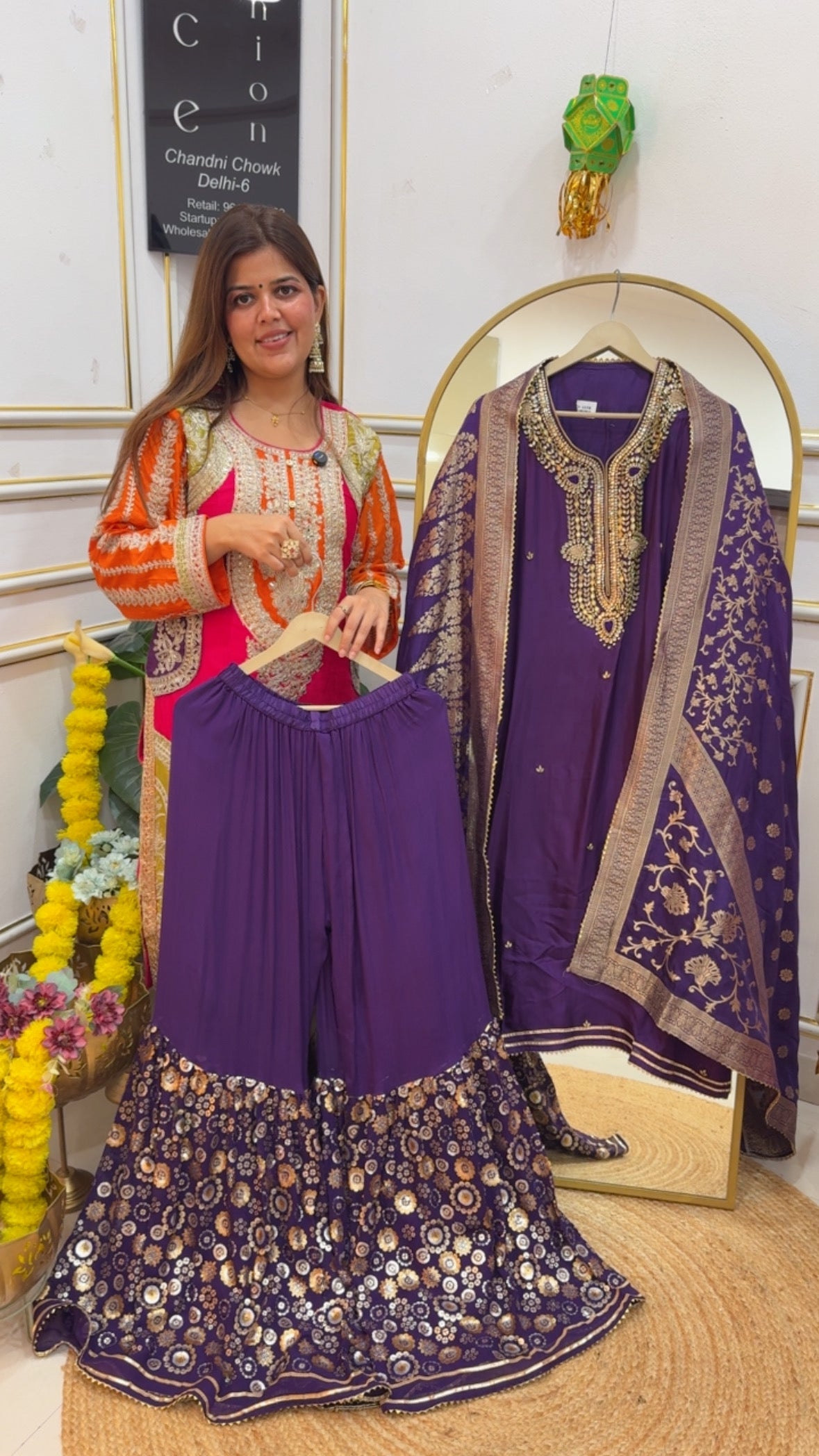 Designer full sequence stiched garara with pure silk kundan work semi-stich shirt (upto size 48) GF 677