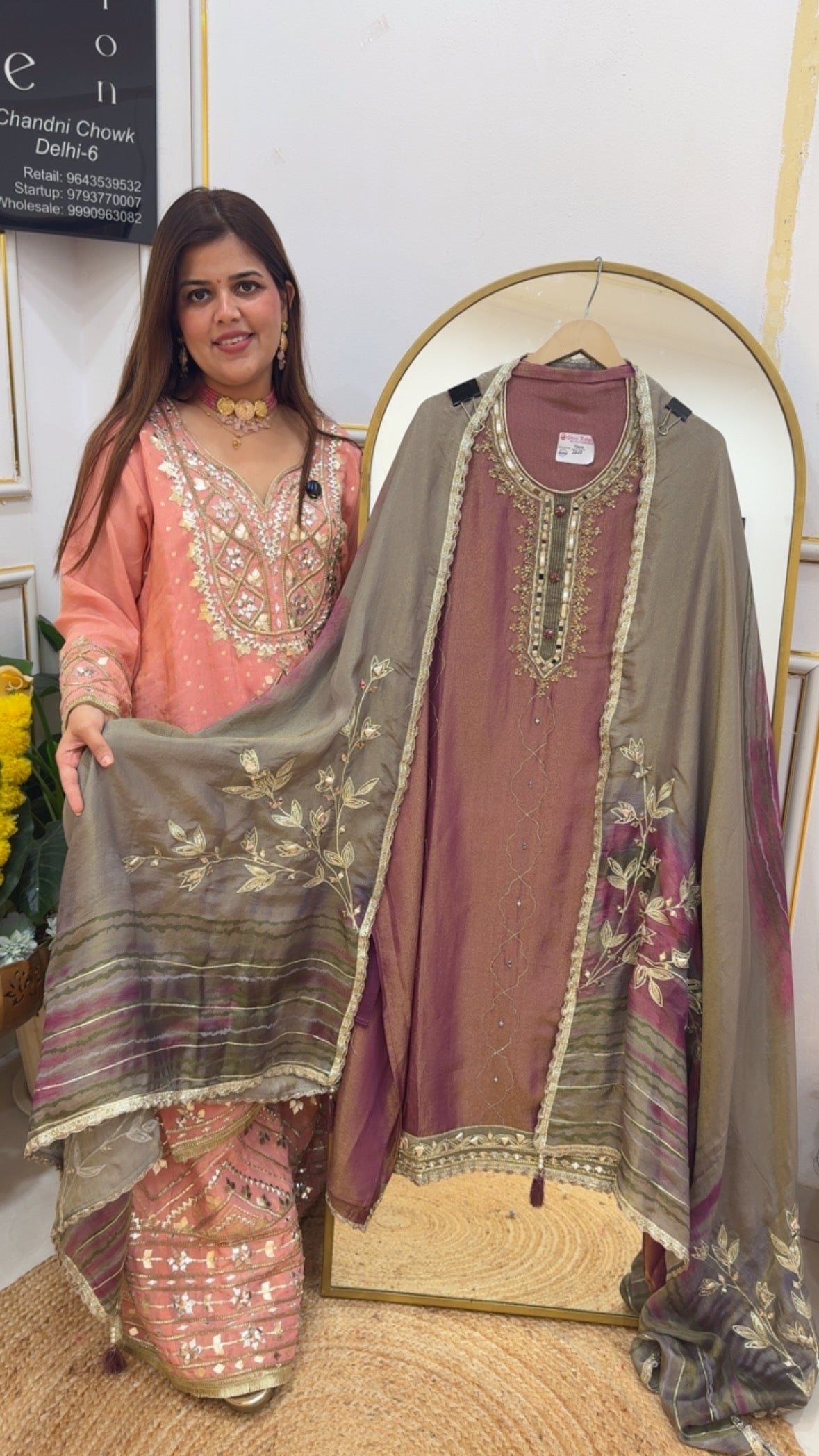 Royal and designer premium shimmer silk with elegant neck work along with designer applique work digital dupatta GF690
