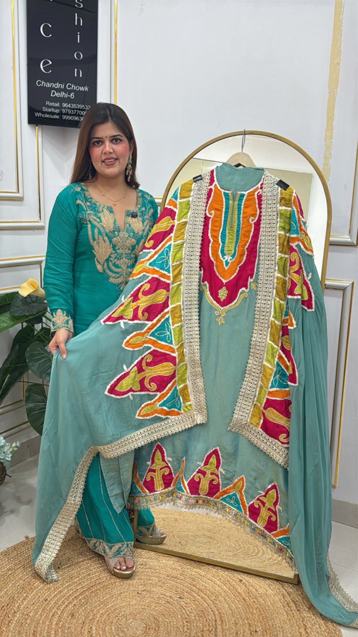 Latest and designer full applique work pure shimmer silk suit material GF615