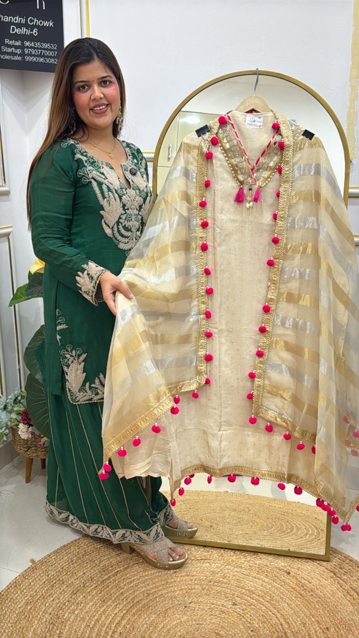 Viral golden ivory collection shimmer silk material designer mirror neck work with all over pom-pom detailing GF625