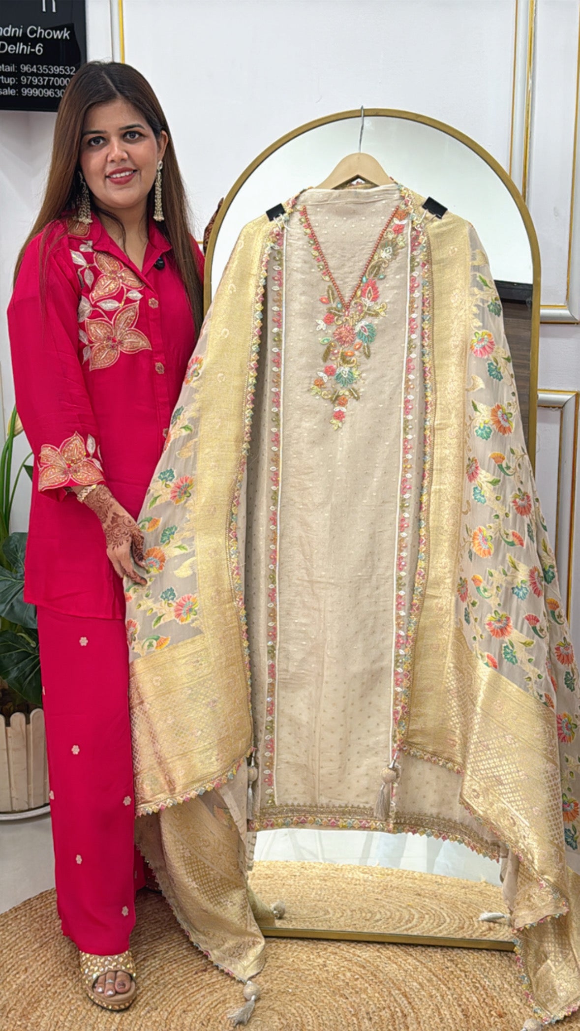 Golden Ivory Pure Shimmer Silk Suit Material with Handwork Neck Detailing and Brocade Weaved Silk Dupatta GF 384