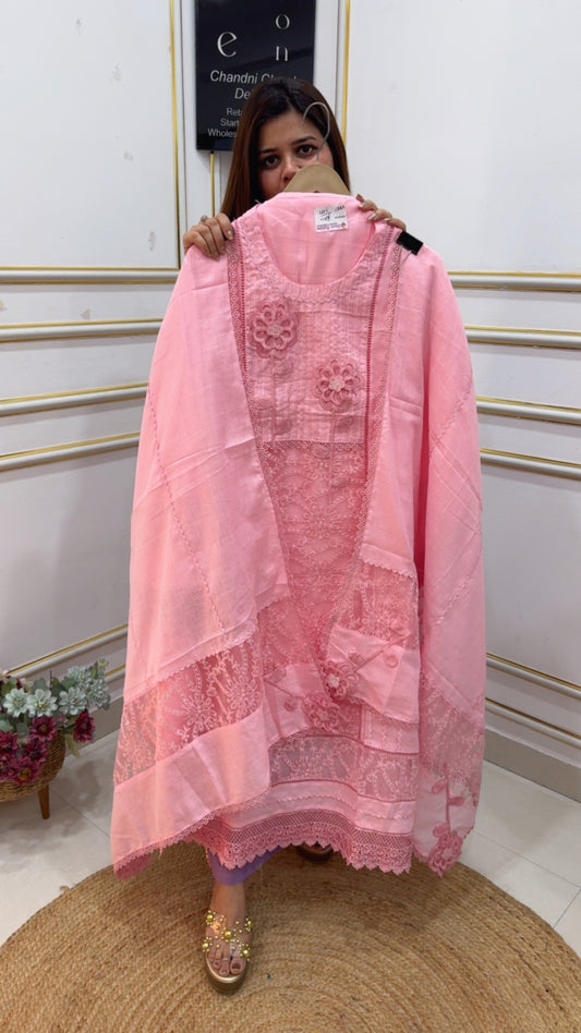 Latest and Designer Karachi Cotton Designer premium suit material along with Karachi style laces dupatta GF1101 Blush Rose Pink