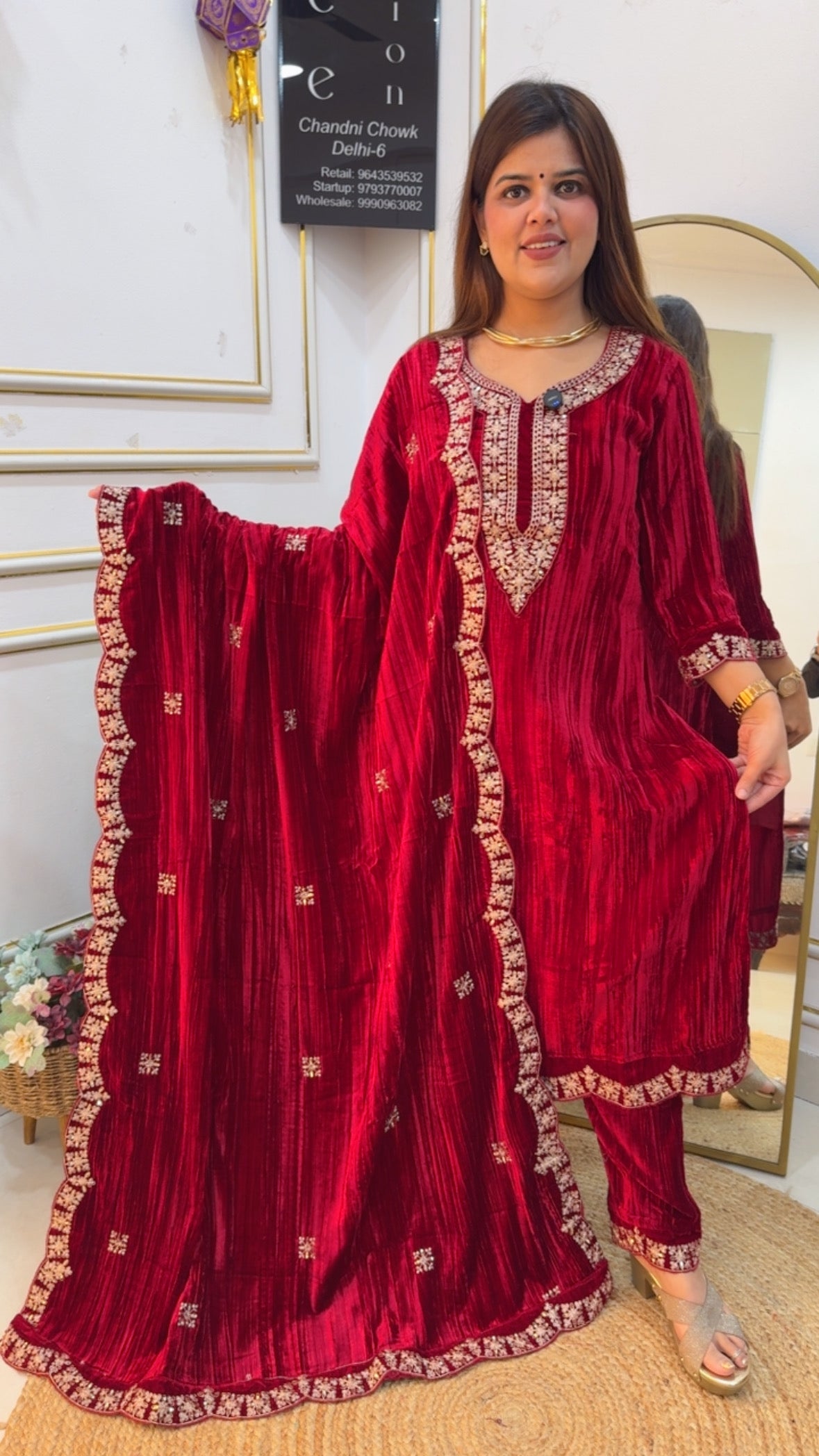 Ready to wear velvet glam premium crushed velvet suit fully stitching with premium work detailing Karachi printed crushed velvet bottom and full length crushed velvet dupatta GF866