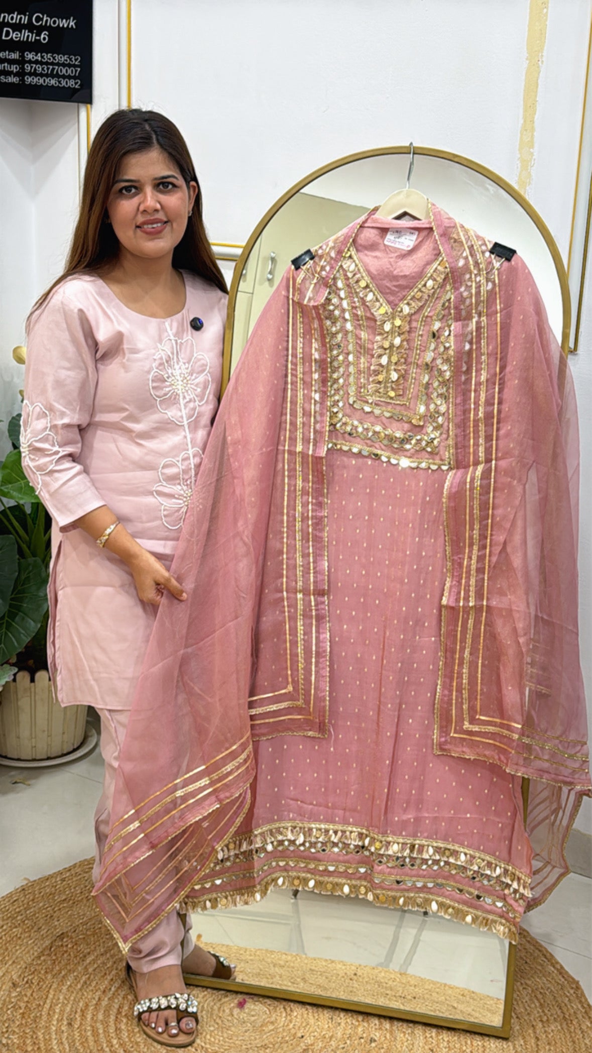 Partywear Pure Shimmer Silk Suit with Mirror Work &amp; Organza Dupatta GF 467