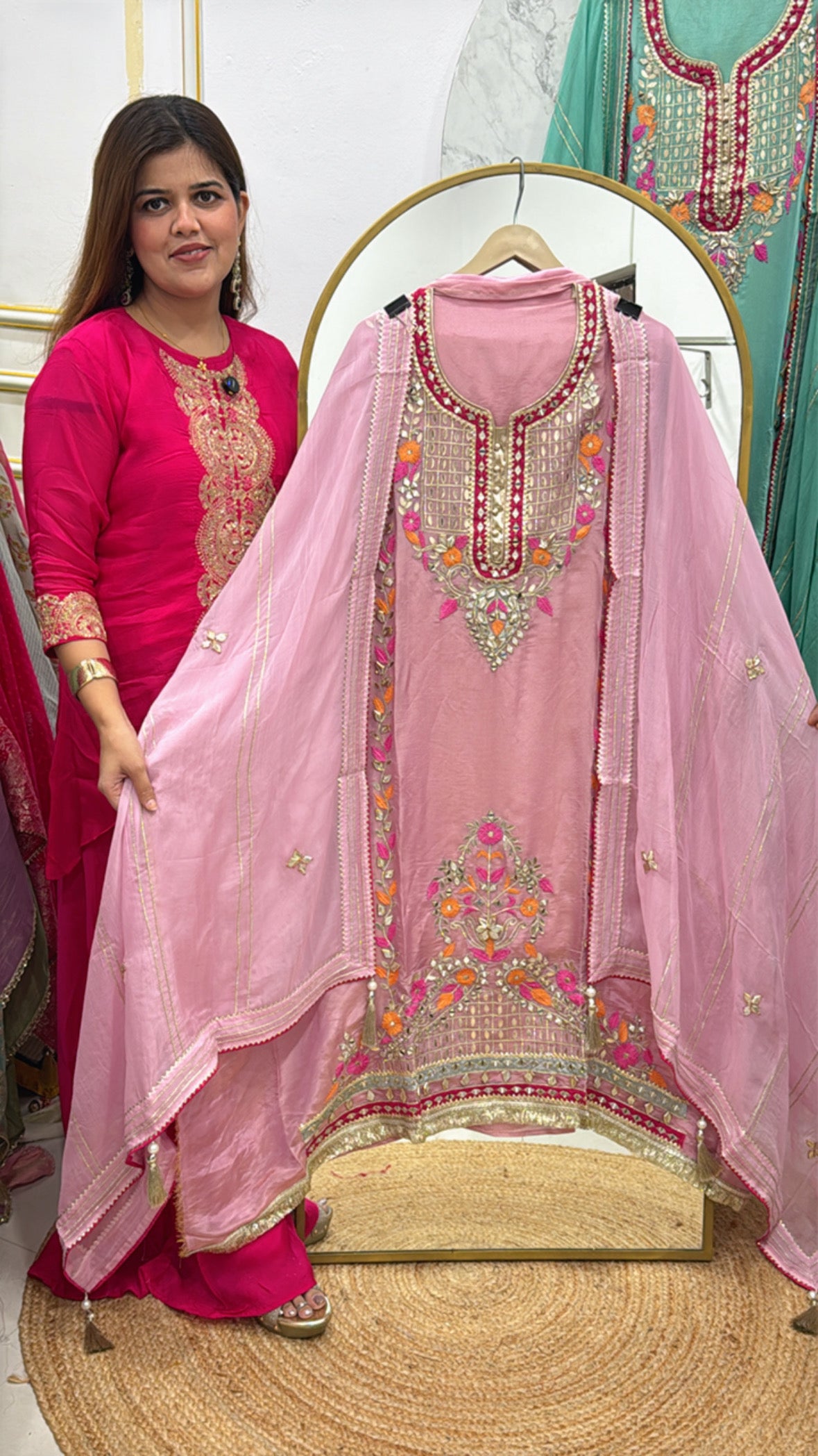 Designer partywear special pure silk premium gota work suit material along with designer heavy dupatta GF 556