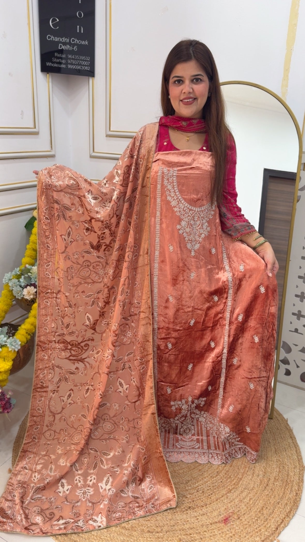 Premium pure designer velvet suit material with brocket dupatta along with brocket silk bottom GF713