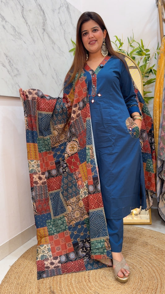 Bestseller premium quality Baku cotton A line ready to wear dress with designer pockets and printed dupatta GF1007 Blue