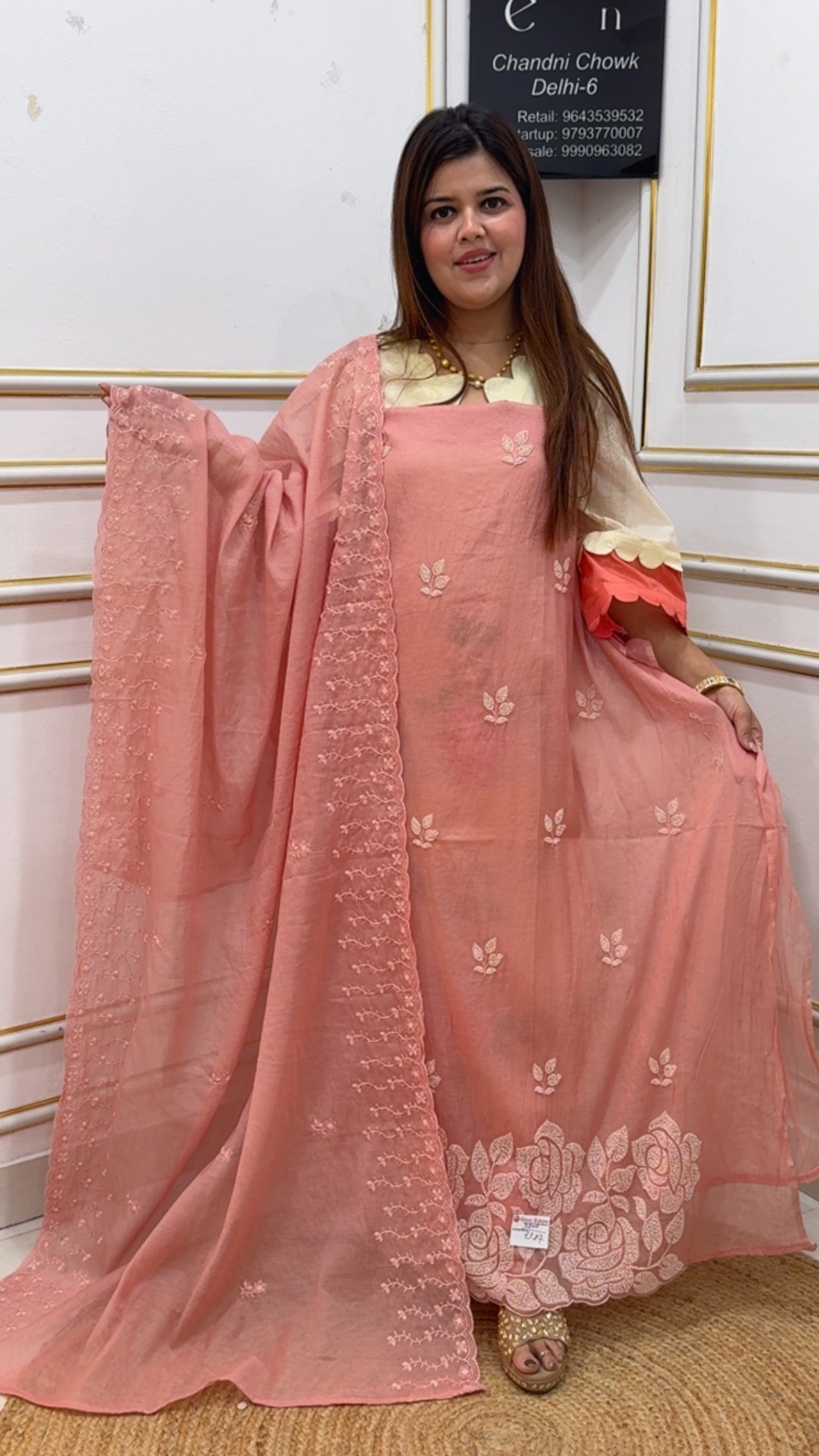 legant and premium semi partywear pure Mul Mul cotton suit material with handwork detailing along with beautiful and prettiest dupatta GF1129 Peach