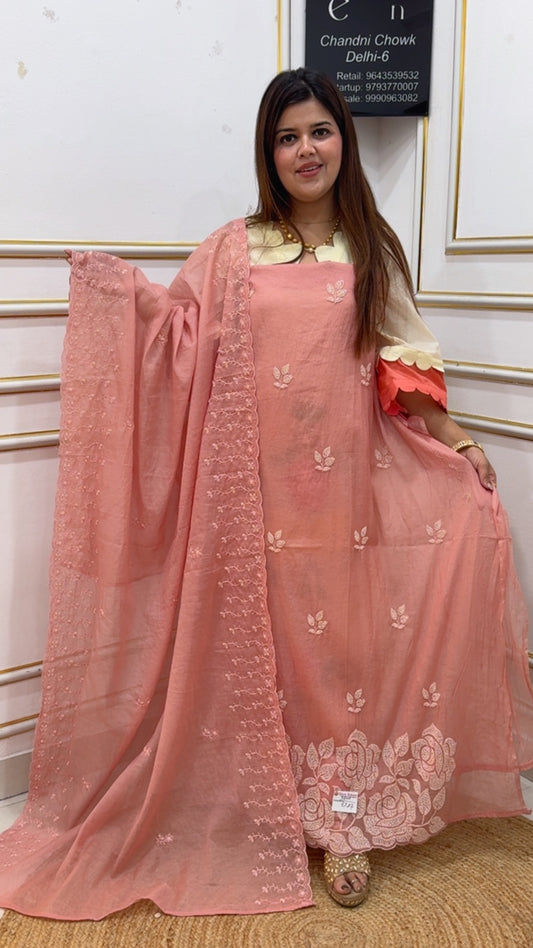 legant and premium semi partywear pure Mul Mul cotton suit material with handwork detailing along with beautiful and prettiest dupatta GF1129 Peach
