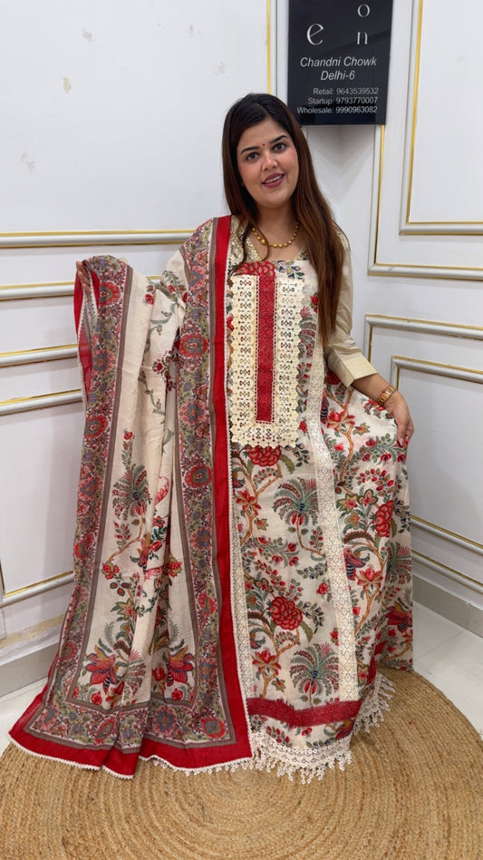 Premium and pure classy printed pure Mul Mul suit material along with classy printed dupatta and laces work GF1149 CREAM WITH RED
