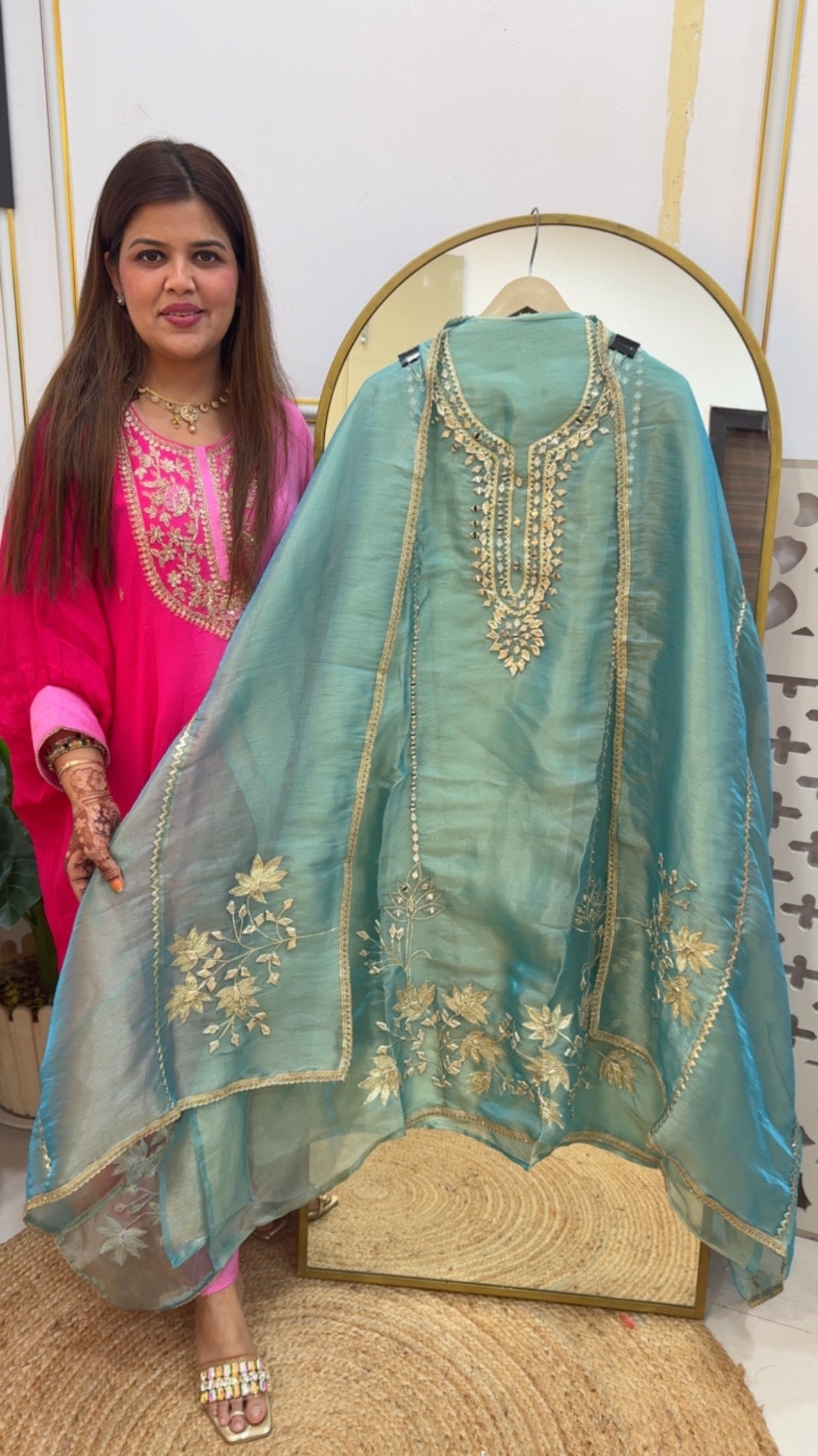 Partywear and wedding special gota patti suit over premium glass tissue material with allover gota work GF 746