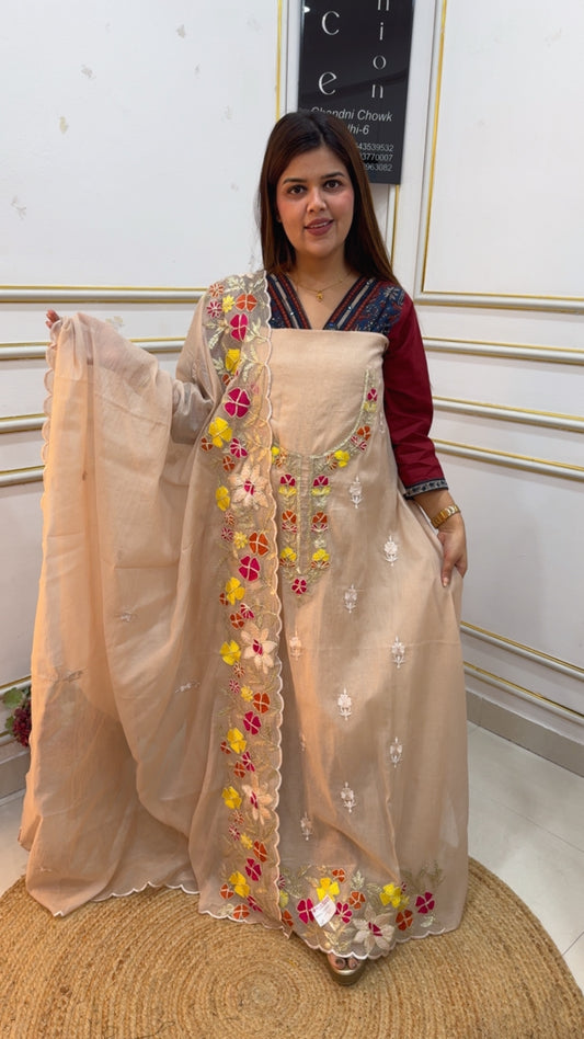 Designer premium applique work exhibition style summer partywear Special suit material with designer applique work dupatta GF1072 CHAMPAIGNE BEIGE