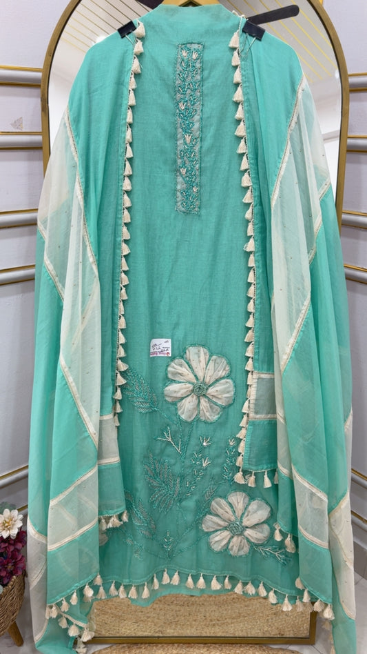 Ultra luxurious royal summer series Mul Mul ribbon applique work detailing premium suit material GF1012 TEAL