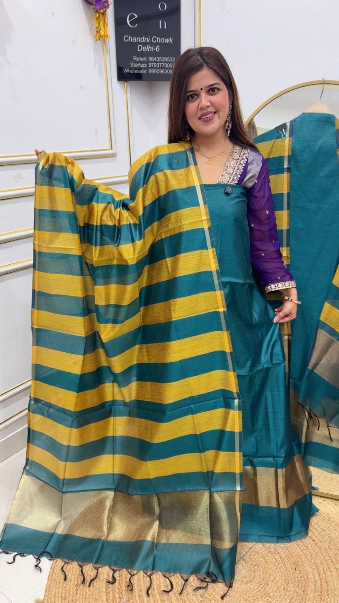 Soft Chanderi silk suit material with golden weaved border and full length Chanderi silk striped dupatta GF 756