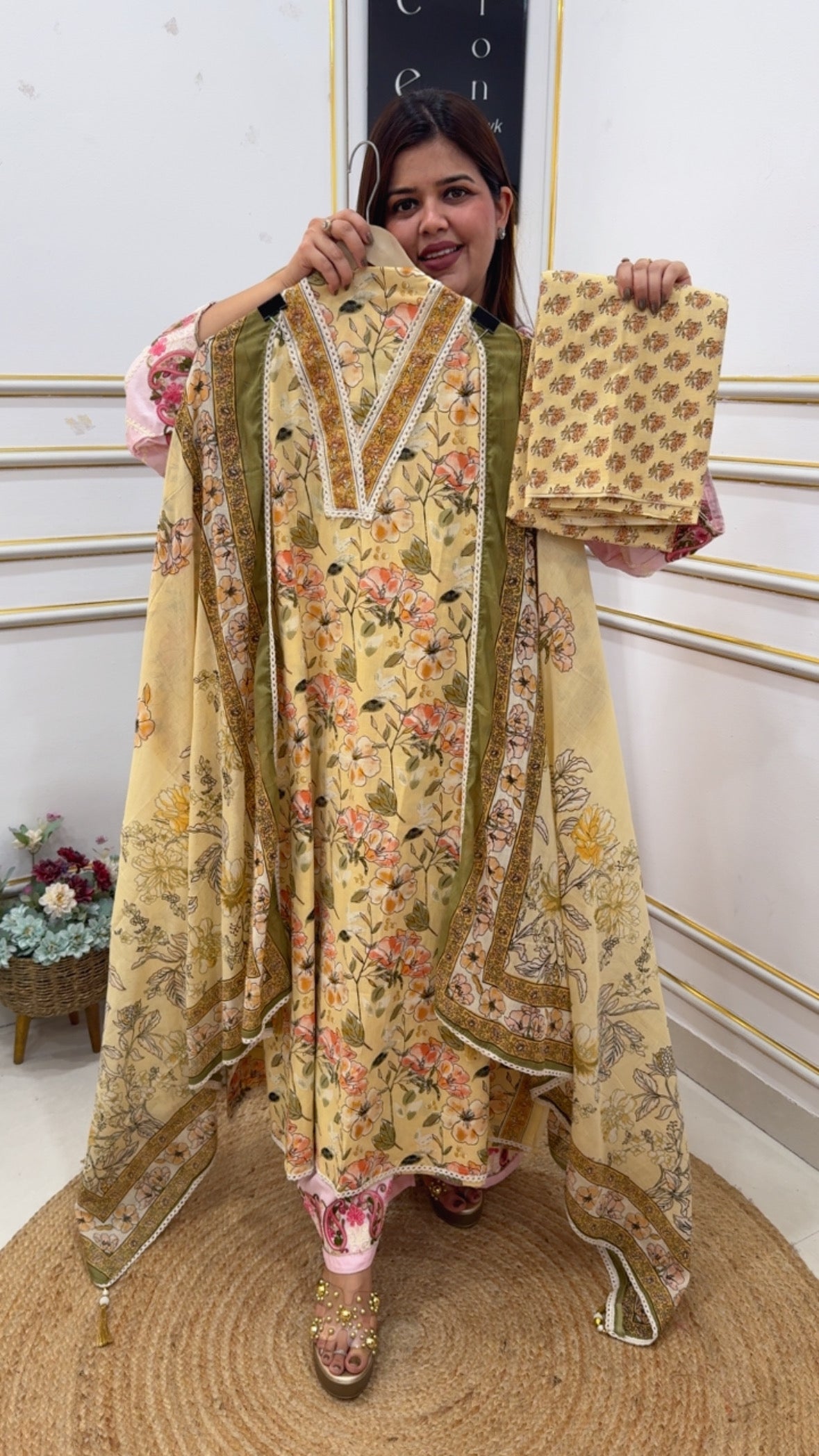 Pure cotton beautifully printed royal neck detailing suit material along with Mul Mul classy printed dupatta GF1057 LIGHT YELLOW