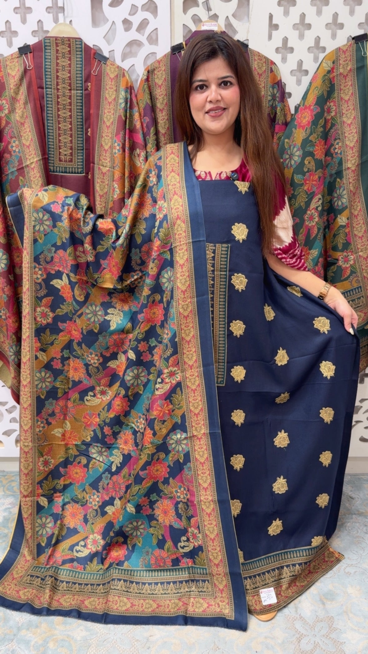 Winter wear pure embroidered pashmina suit material with full weaved dupatta prints best seller pashmina GF853