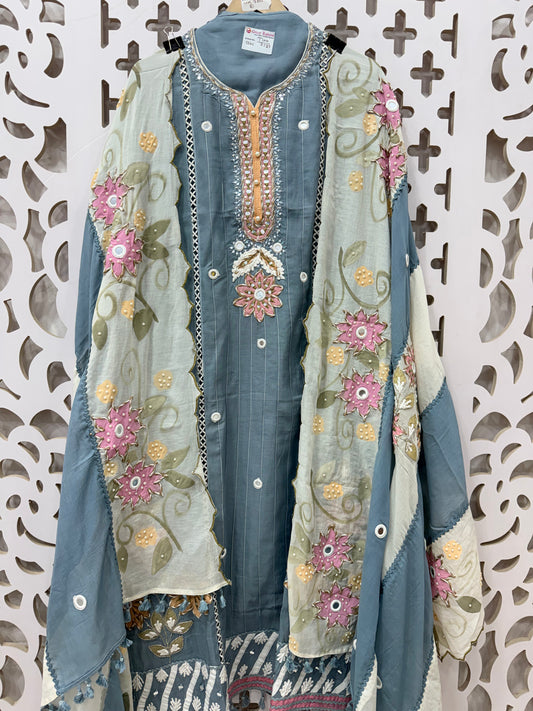 Summer ultra premium pure Mul Mul designer luxurious suit material with designer hand painted dupatta GF1099 Vintage Slate Blue