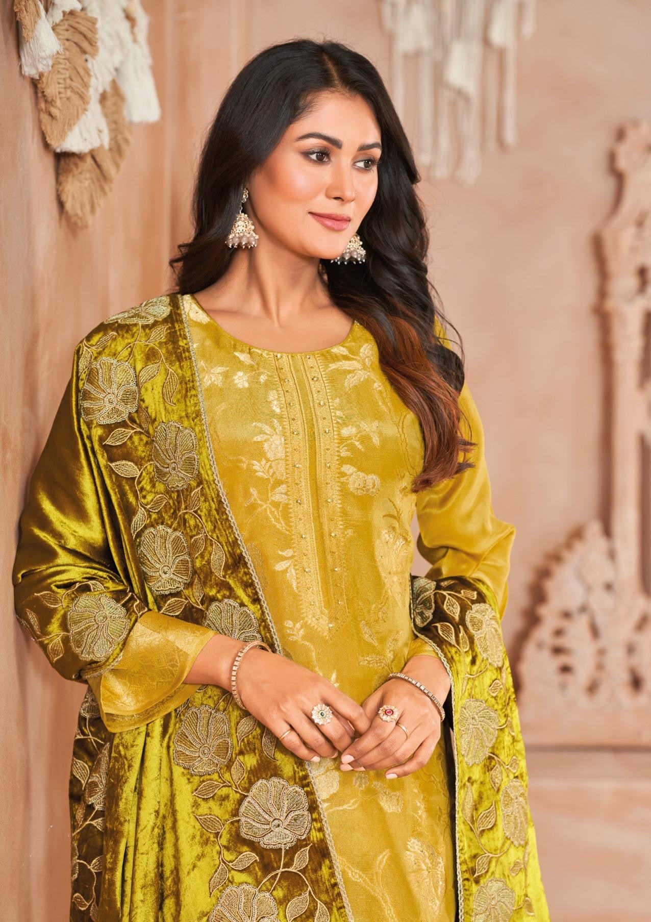 Velvet Glam pure kajivaram Full weaved suit material with silk bottom along with embroidered Velvet dupatta GF730